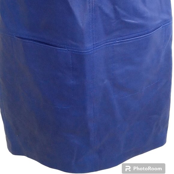 Trina Turk Navy Blue Genuine Leather Shift Dress Short Sleeve Back Zip Mini SZ 6 - Picture 2 of 9